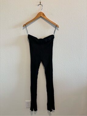 LA LIGNE Black Ribbed Strapless Jumpsuit crinkle flared